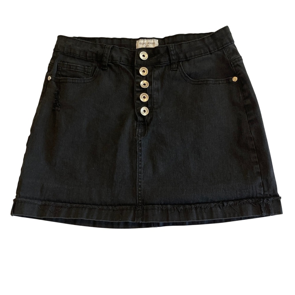 Gogo Jeans Black Denim Mini Skirt 11 (27" Waist) Button Fly Distressed Raw Hem